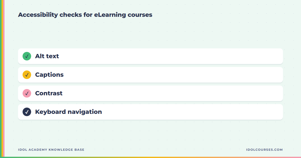 A seven-item accessibility checklist for eLearning courses covering alt text, captions, contrast, and keyboard navigation