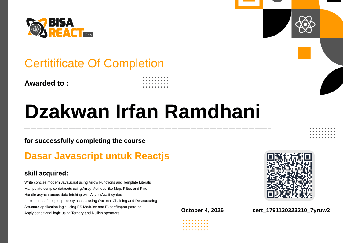 Certificate for Dzakwan Irfan Ramdhani