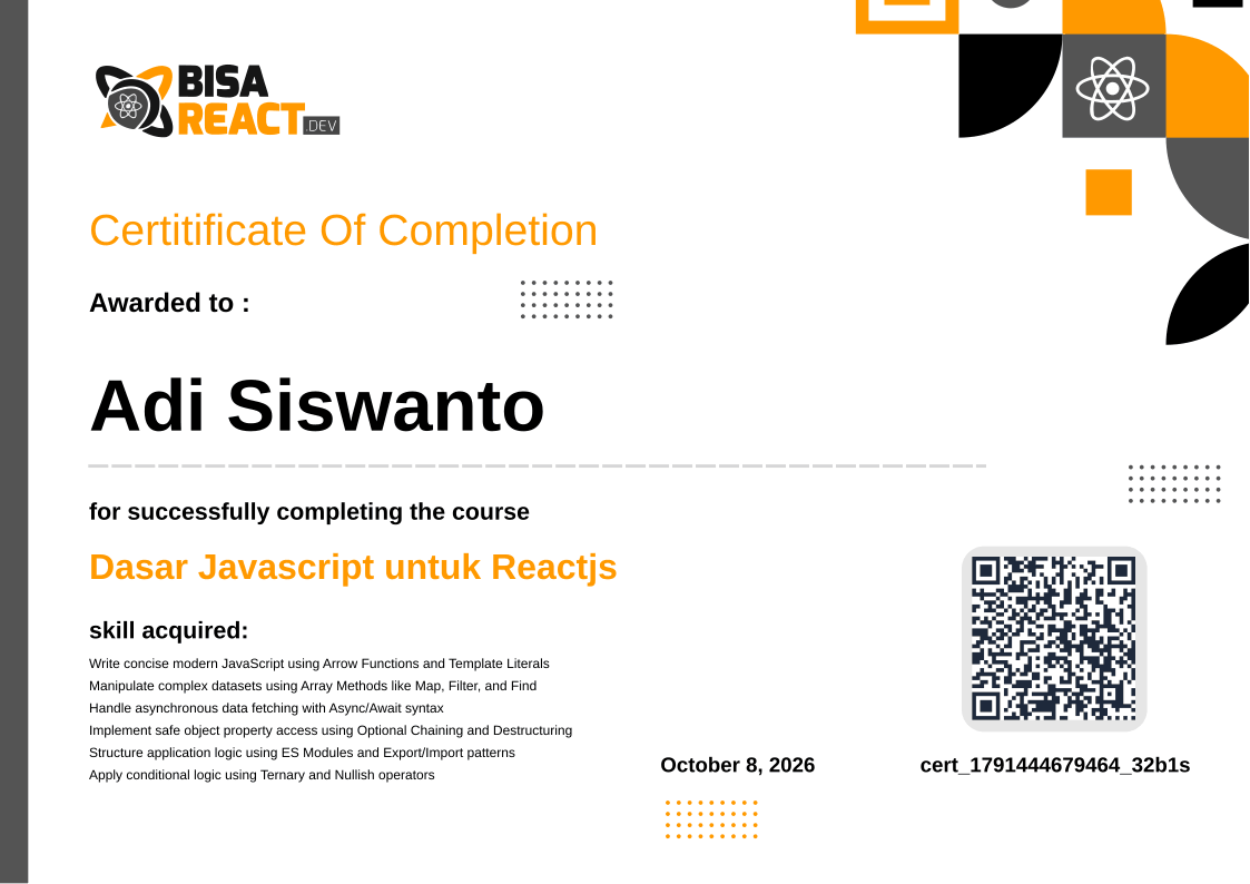 Certificate for Adi Siswanto