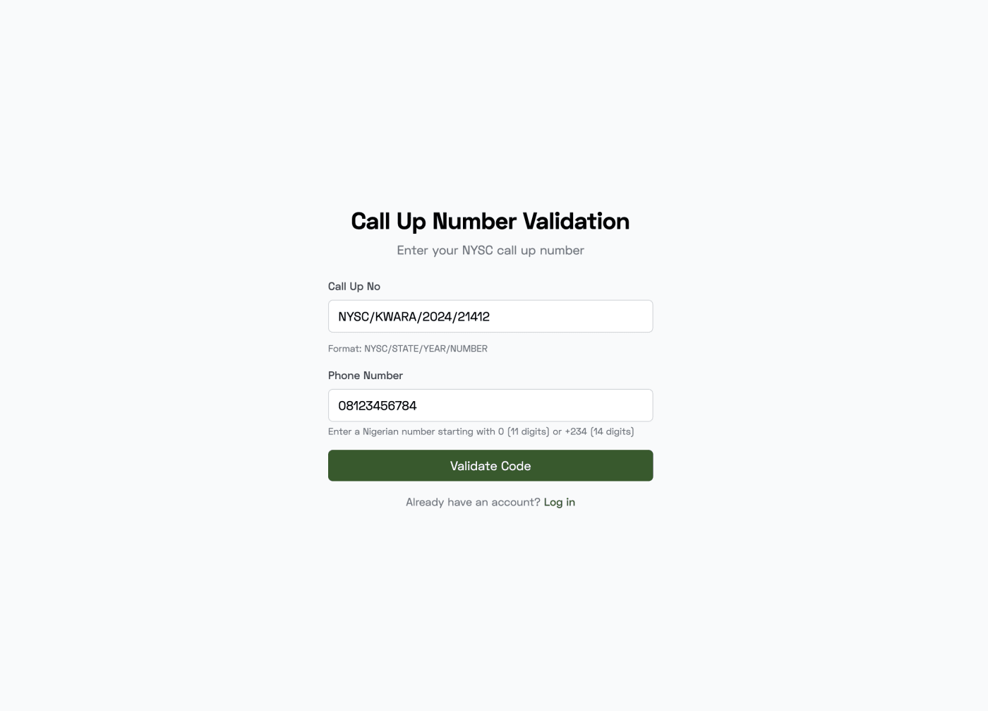 Screenshot of NYSC validation page