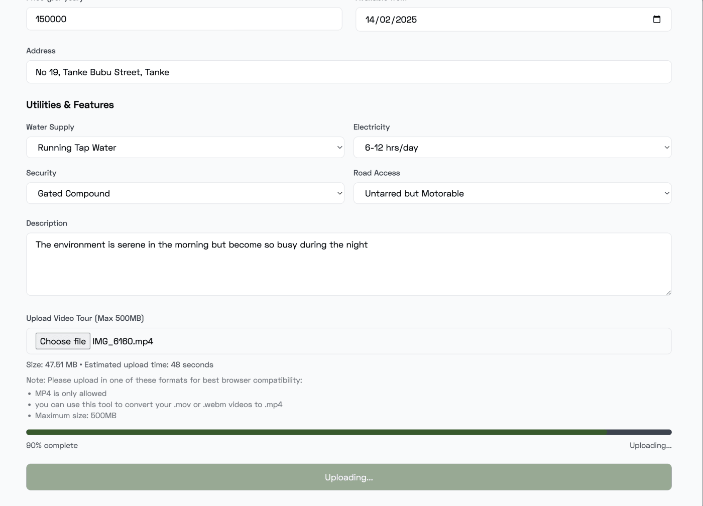 Video upload interface