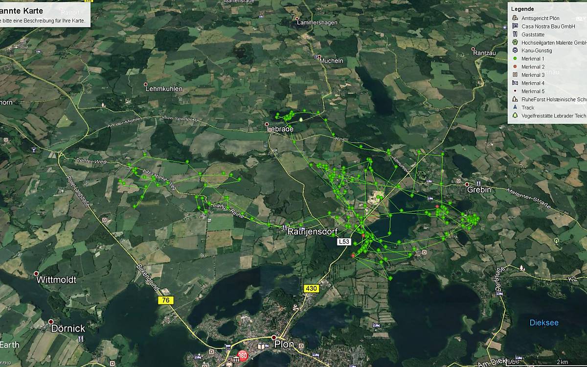 Ergiebige Jagdgebiete sind durch Häufungen von Lokalisationen zu erkennen. Zum Teil werden sie fernab vom Kerngebiet, wie hier in Richtung Westen, aufgesucht.