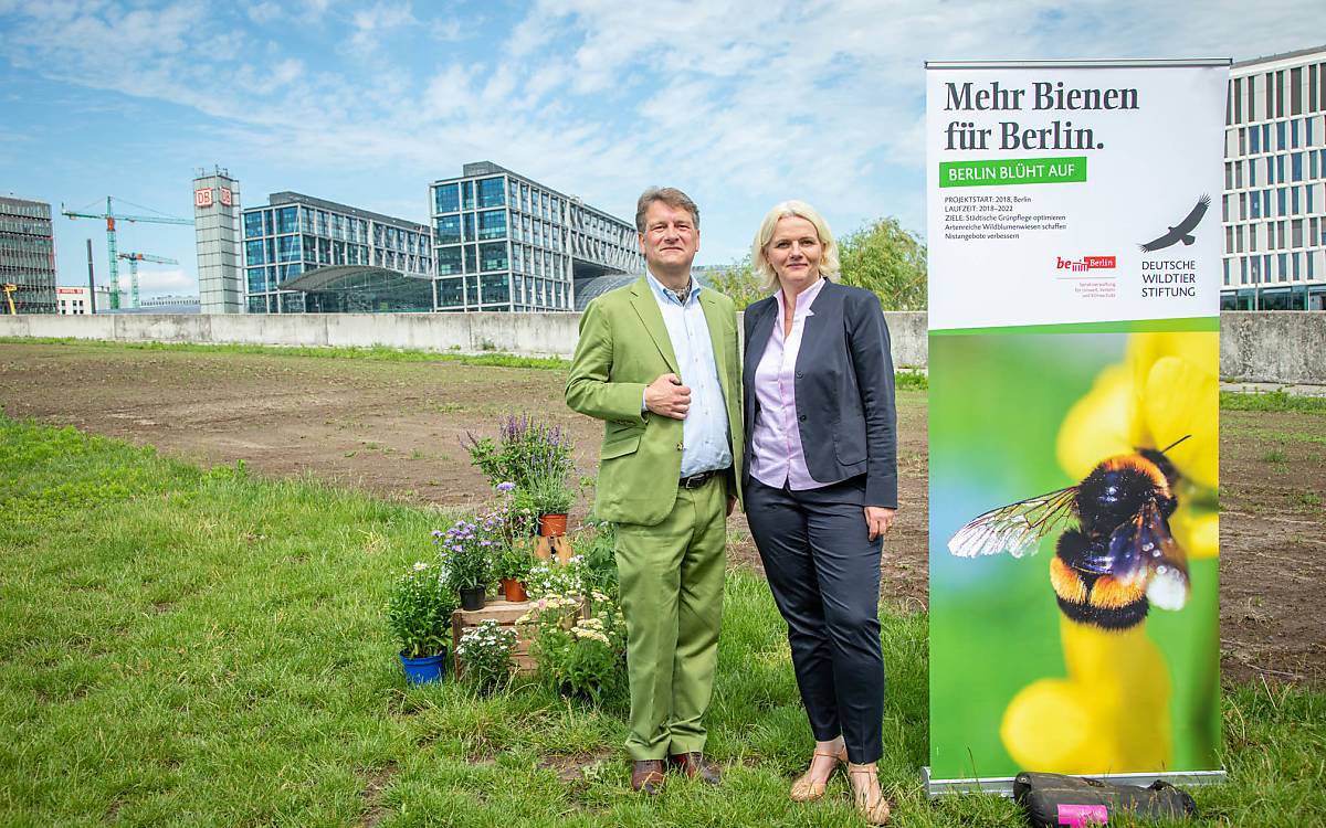 Hilmar Freiherr von Münchhausen, Geschäftsführer Deutsche Wildtier Stiftung und Regine Günther,  Senatorin für Umwelt, Verkehr und Klimaschutz vor der neuen Wildbienenfläche nahe des Hauptbahnhofs.