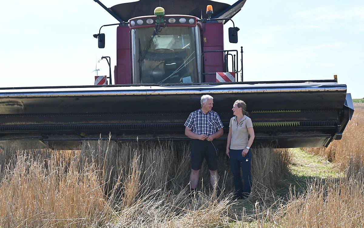 Saskia Jerosch, Feldhamster-Expertin der Deutschen Wildtier Stiftung, im Gespräch mit Dr. Eicke Zschoche, einem der Partner-Landwirte vor einer Mähmaschine, die auf die passende Höhe für eine Ährenernte eingestellt ist.