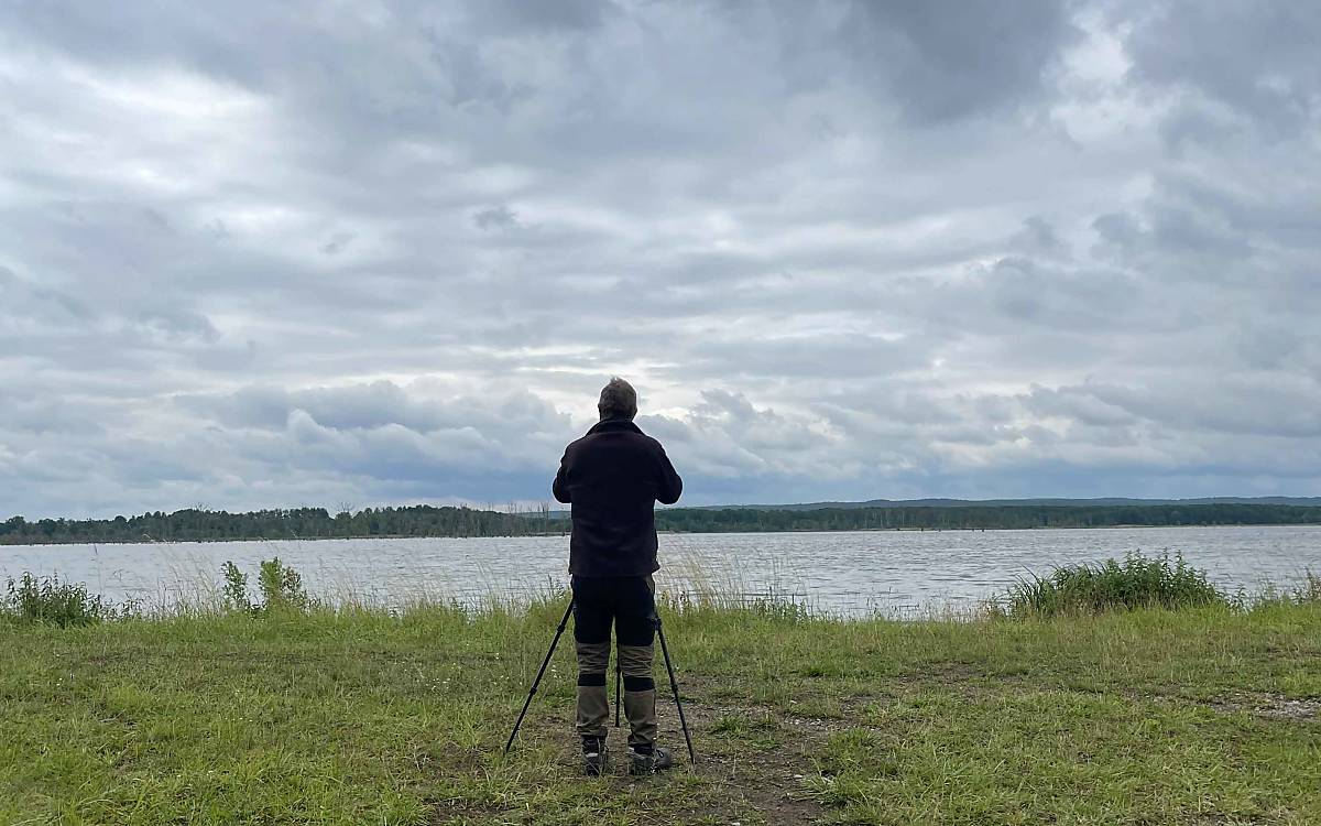 Wildtierexperte Michael Tetzlaff am Galenbecker See auf der Suche nach Seeadlern.