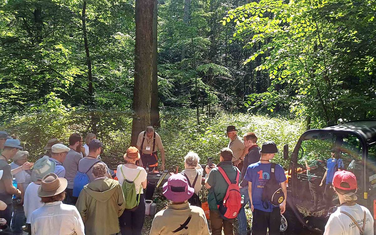 Schweres Gerät war dabei, als die Gruppen mit Gutsleiter Christian Vorreyer (rechts) und Forstwirtschaftsmeister Jens Krause (links) in den Wald aufbrachen.