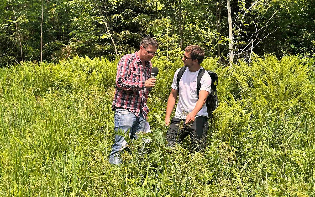Willkommen bei den Heuschrecken! Experte Sebastian zeigt Hendrik den Lebensraum der Insekten.