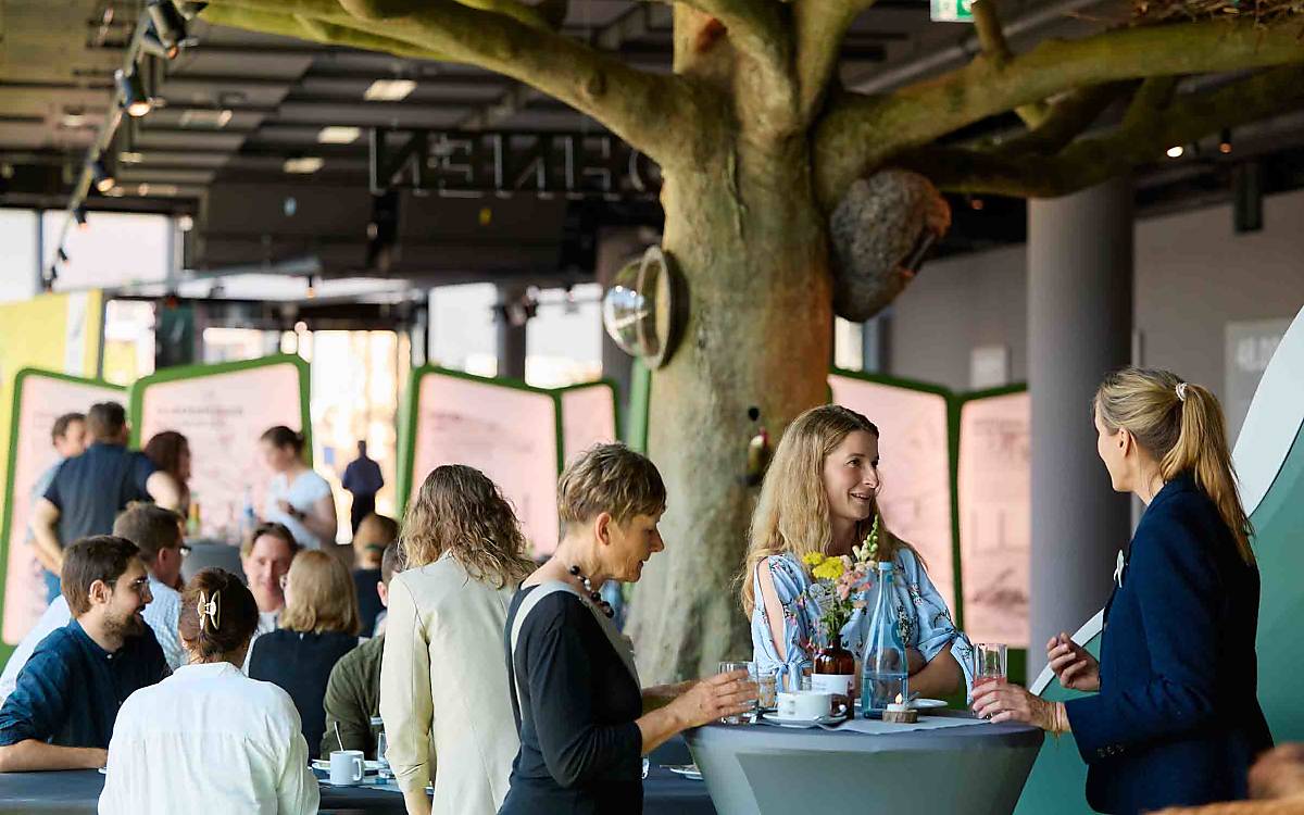 Pausenplausch unterm Baum: Julia-Marie Battermann (Mitte) aus unserem Natur-und-Artenschutz-Team im Gespräch mit Jana Planek von der Naturstiftung David.