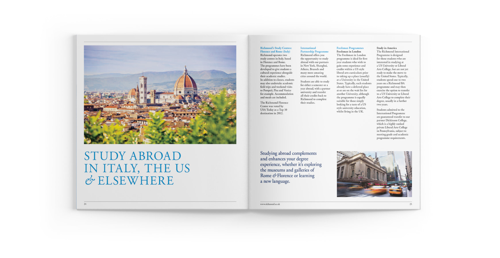 Richmond university prospectus inside spread about Italy and studying abroad on a white background