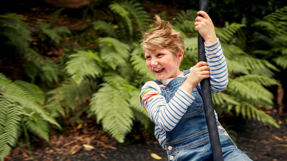 Child on a zip wire at Trebah Gardens Cornwall at 16:9 ratio