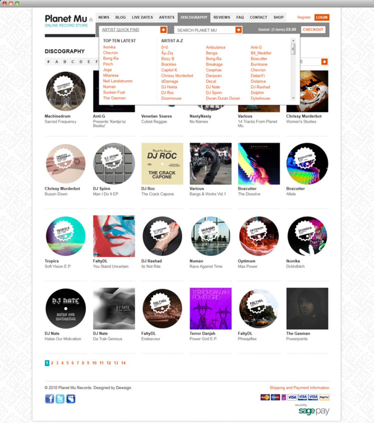 Discography page with artist navigation overlay