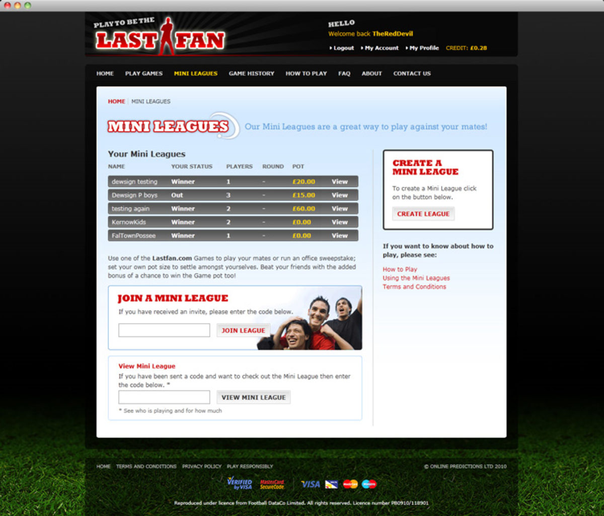 LastFan.com website Mini Leagues page