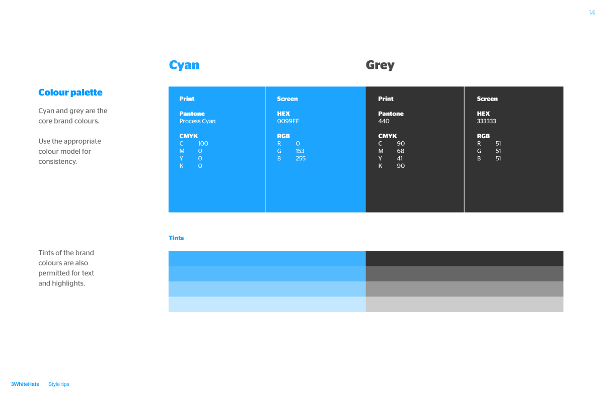 3 White Hats Brand Guidelines document spread about colour