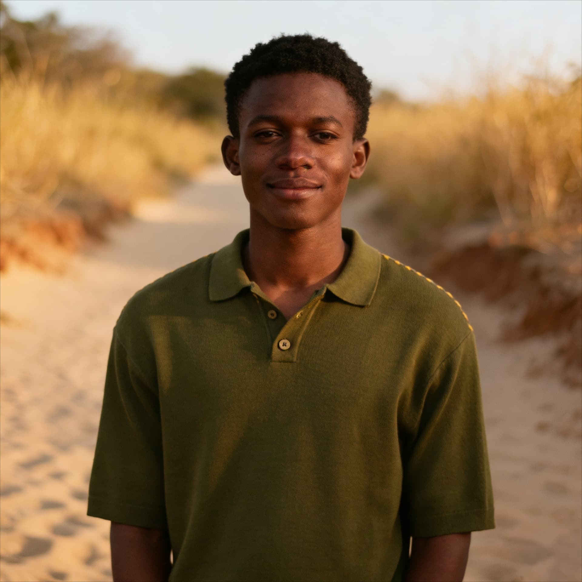 Homme portant un pull-over vert olive sur un chemin de sable