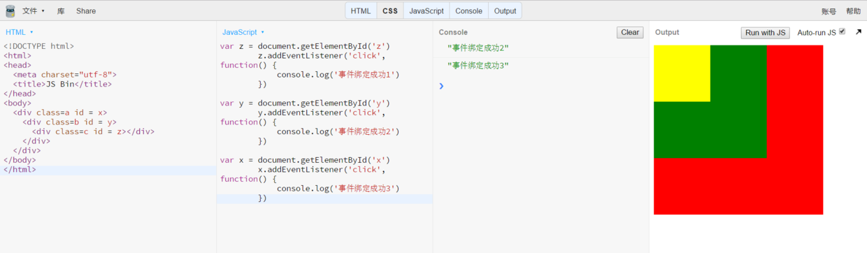 只触发了绿色div和红色div的事件