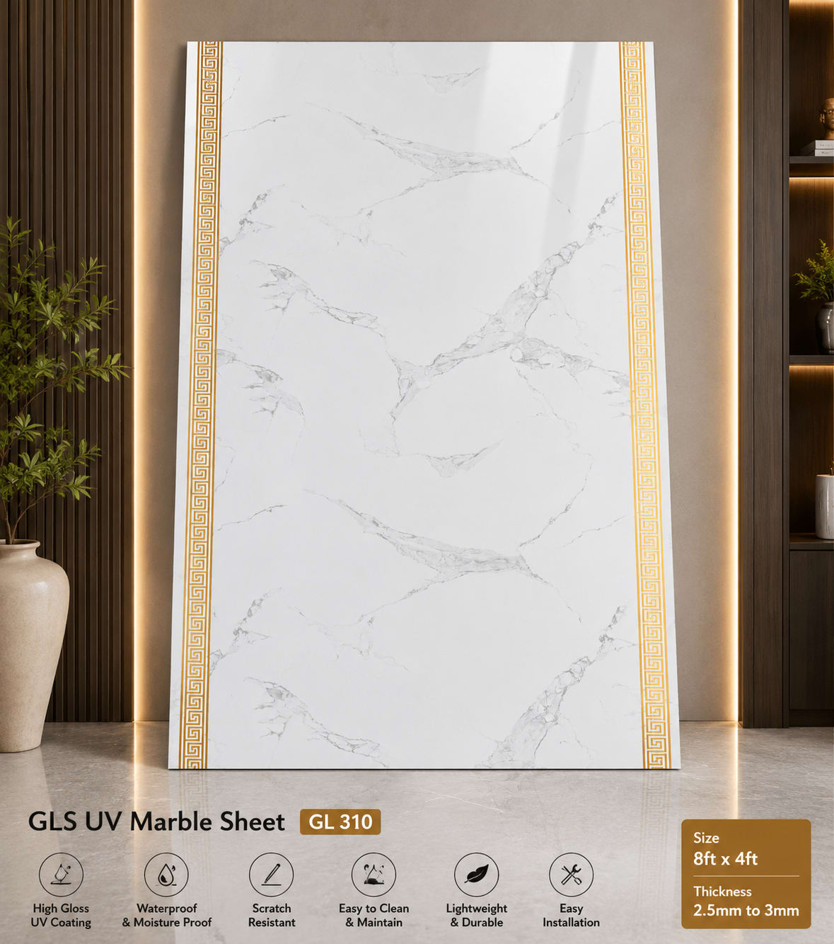 White Royal Border Marble UV Sheet Premium PVC Wall Panel 8 × 4 Feet image 1