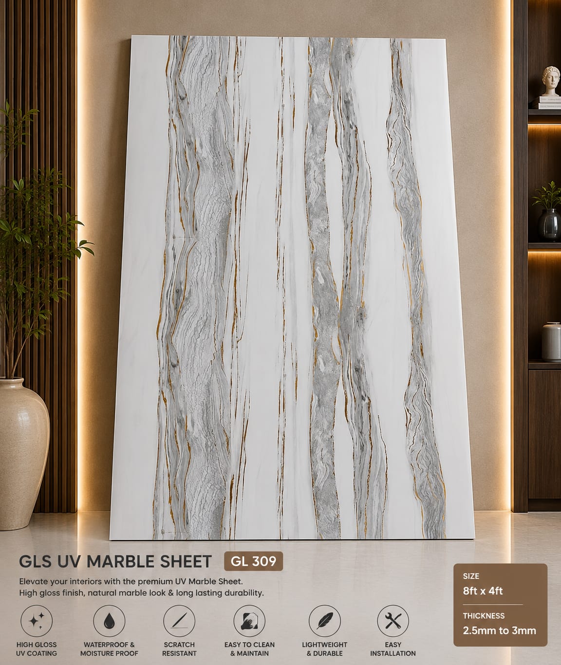 Silver Stream Marble UV Sheet | Premium PVC Wall Panel | 8 × 4 Feet image 1
