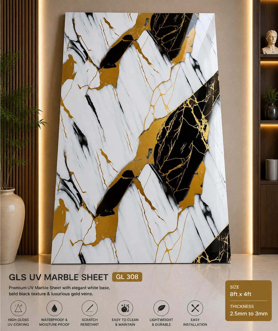 uxury Black & Gold Marble UV Sheet Premium PVC Wall Panel 8 × 4 Feet image 1