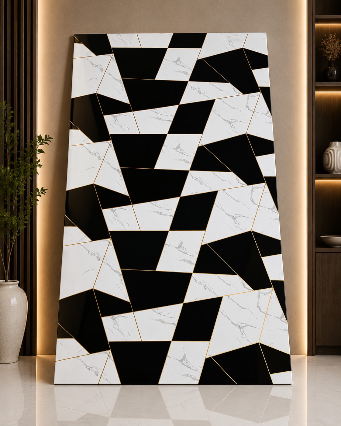 Black & White Geometric UV Marble Sheet | Premium PVC Wall Panel | 8 × 4 Feet image 1
