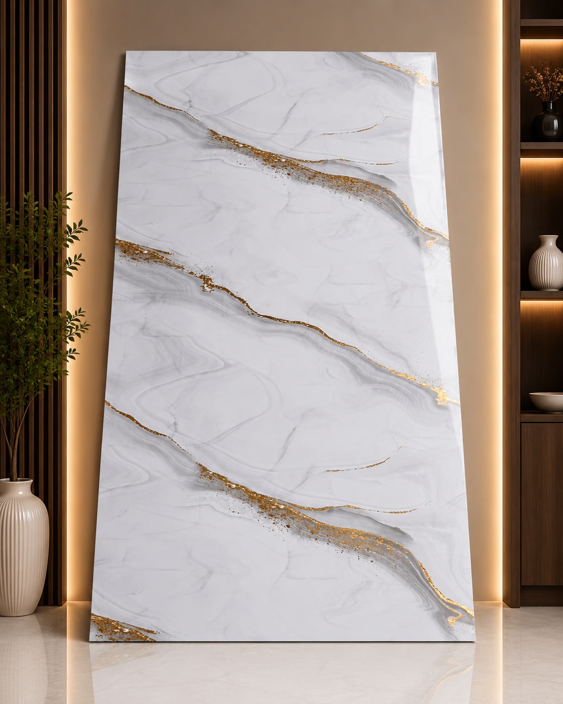 Luxury White Gold Flow UV Marble Sheet | Premium PVC Wall Panel | 8 × 4 Feet image 1
