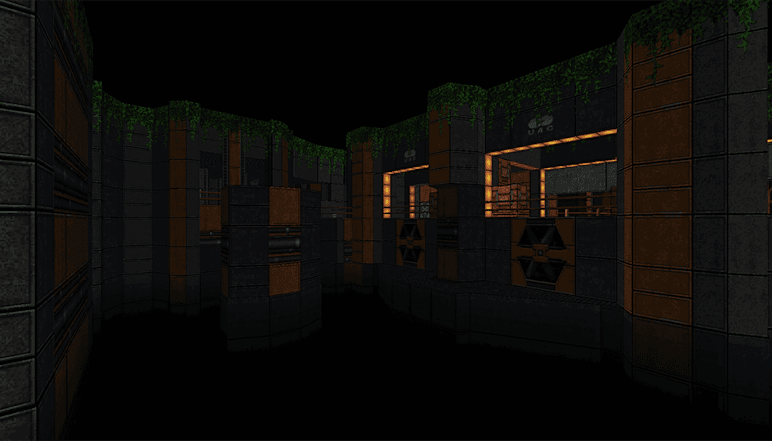 Dark lit halls with dim orange industrial lighting