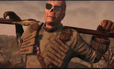 A ghoul resting a rifle between their shoulders. 