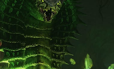 A glowing green snake baring its fangs.