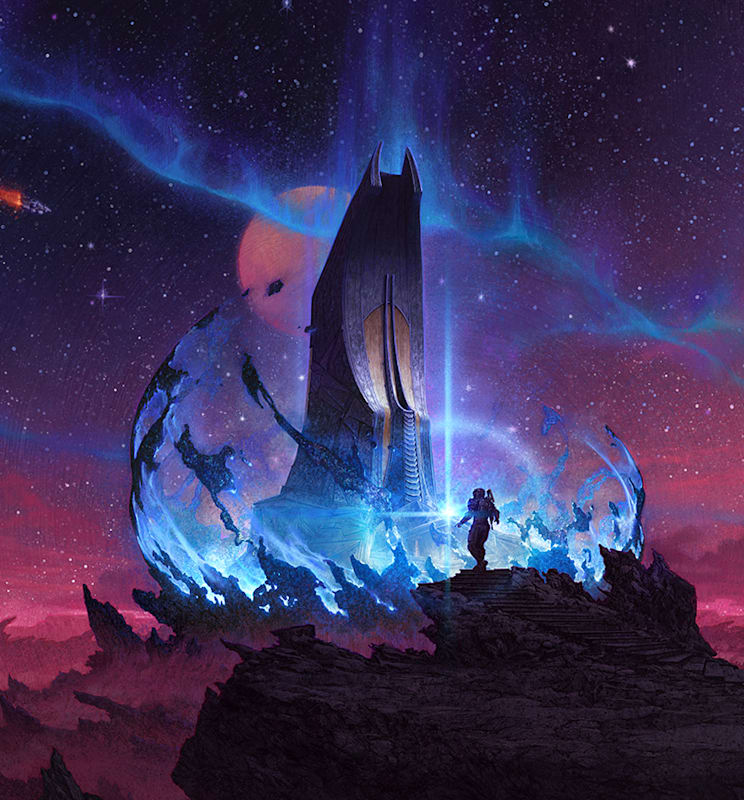 A screenshot from Starfield of a character looking out at the Scaled Citadel on Va'ruun'kai as lightning strikes