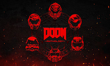 The DOOM Anthology keyart, featuring six different helmets representing different DOOM titles.