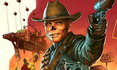 The Ghoul stands with his gun aimed above a Burning Springs collage