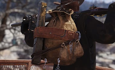 A character stands back to the viewer, rucksack packed and gun slung over the shoulders.