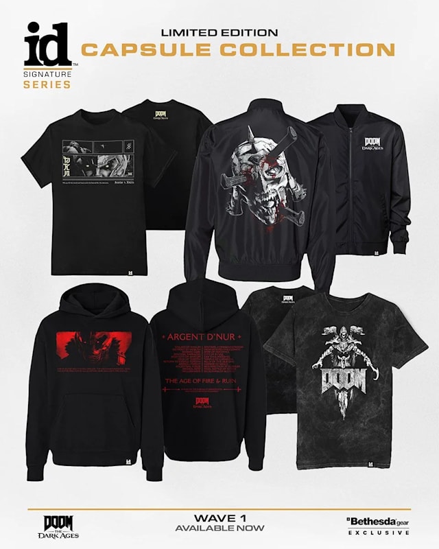 Lineup of DOOM: The Dark Ages-themed shirts and hoodies from id Software's Signature Series.