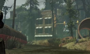 View of a character looking at a rundown and overgrown street