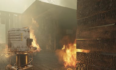 Inside a house on fire.