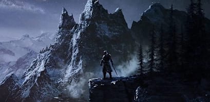 The Dragonborn looks over the snowy vista of Skyrim