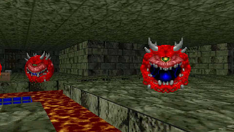 DOOM (1993) gameplay with the player facing multiple Cacodemons