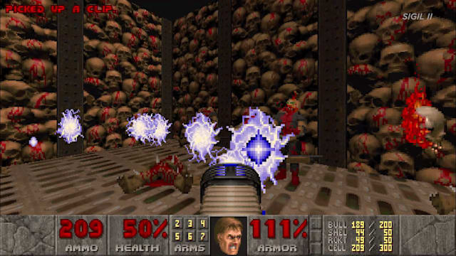 Shooting a weapon at an enemy in a room full of skulls.