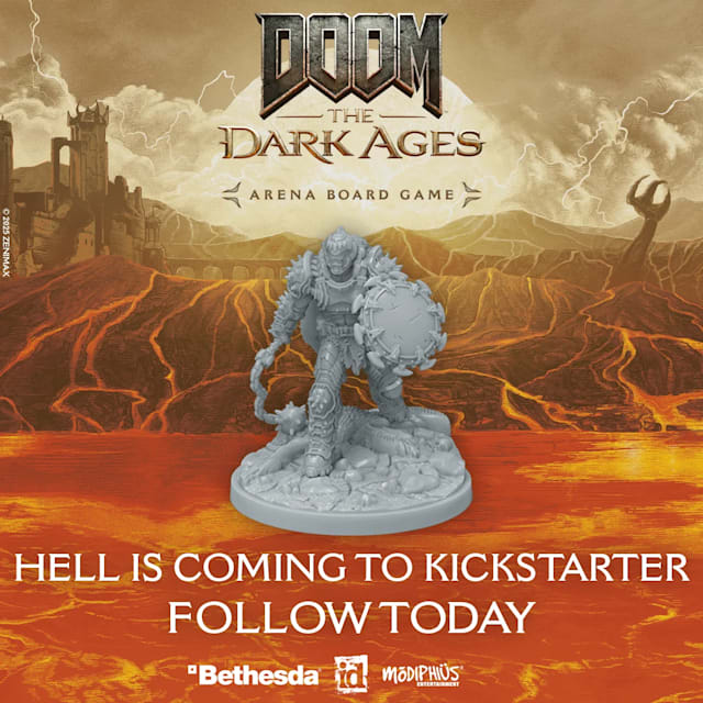 A production image of a DOOM Slayer miniature with the call to action to follow the DOOM Arena Board Game Kickstarter