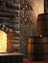 A dimly lit room in Fallout 76 with a roaring fireplace, barrels, and game-themed decorations on the walls
