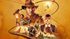 Indiana Jones and the Great Circle key art, showing a collage featuring Indiana Jones, Gina Lombardi, Emmerich Voss, and Locus