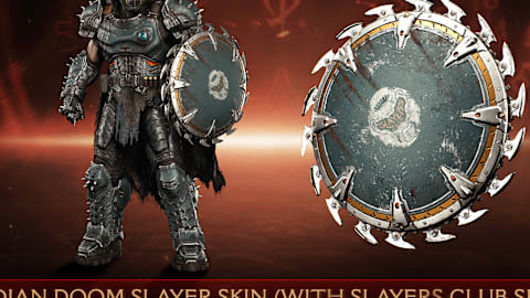 The DOOM Slayer in bluish-grey and gold accent colors. His Shield Saw bears the Slayers Club logo.