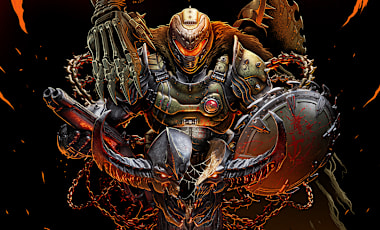 Closeup of DOOM: The Dark Age's anniversary artwork featuring the DOOM Slayer