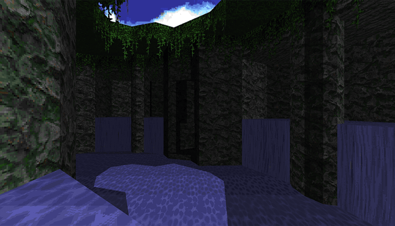 Inside a shaded cavern grotto.