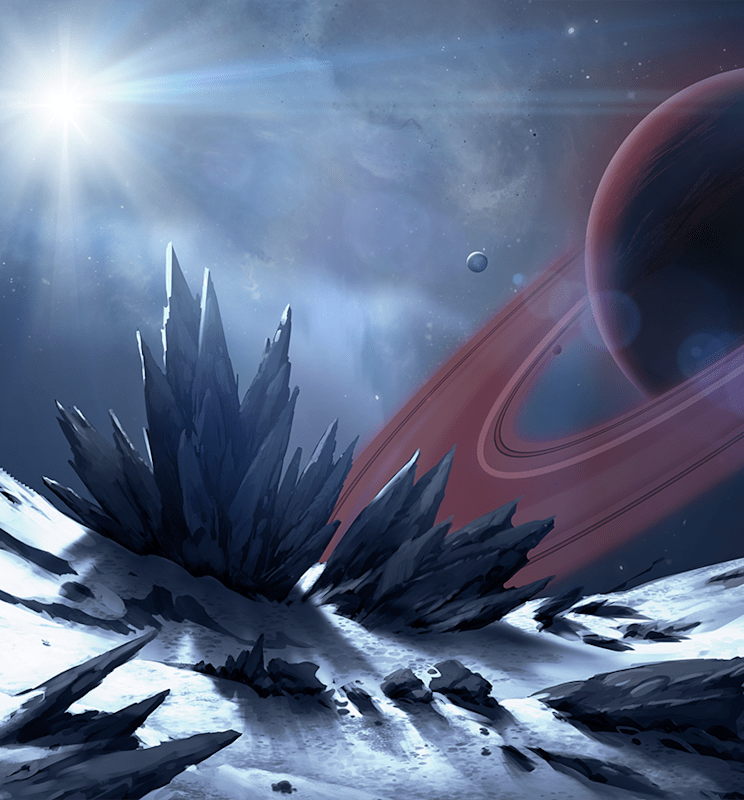 View of a red ringed planet from a rocky surface.