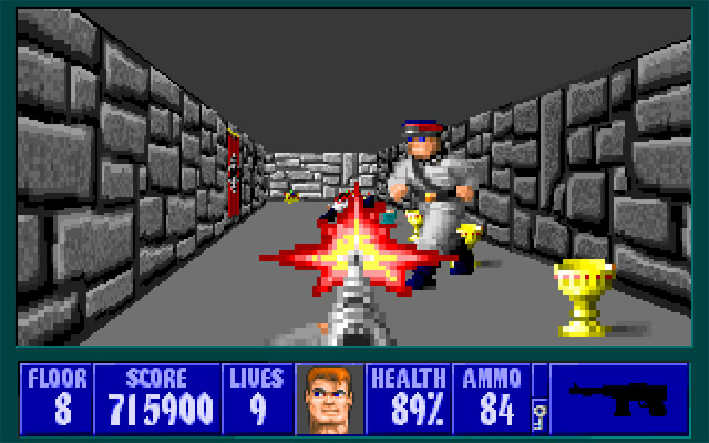 Wolfenstein 3D gameplay featuring the player in a gunfight with enemies
