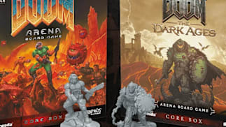 A promotional image of two box sets and miniatures - one themed on DOOM (1993) and the other DOOM: The Dark Ages.