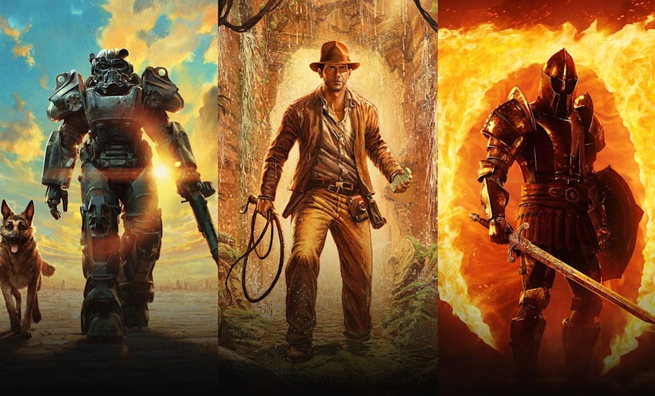 Compilation image featuring the key are for The Elder Scrolls V: Skyrim Anniversary Edition, Fallout 4: Anniversary Edtion, Indiana Jones and the Great Circle, and The Elder Scrolls IV: Oblivion Remastered