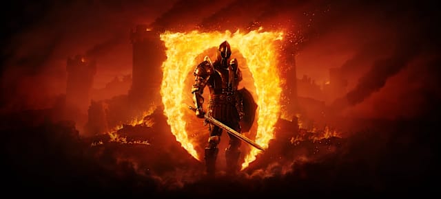 An armored knight standing in front of the flaming Oblivion logo