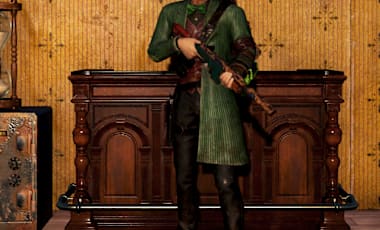 A Fallout 76 character stands in front of a wooden counter, wearing a green coat and hat, holding a rifle. To the left is an antique clock with gears and an hourglass on top. To the right is a gun rack holding multiple rifles.