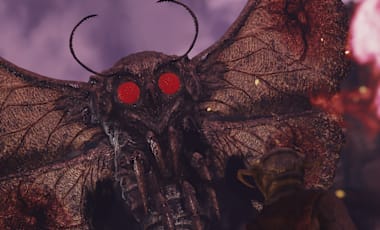 Pink flames burn behind a close up of the Mothman